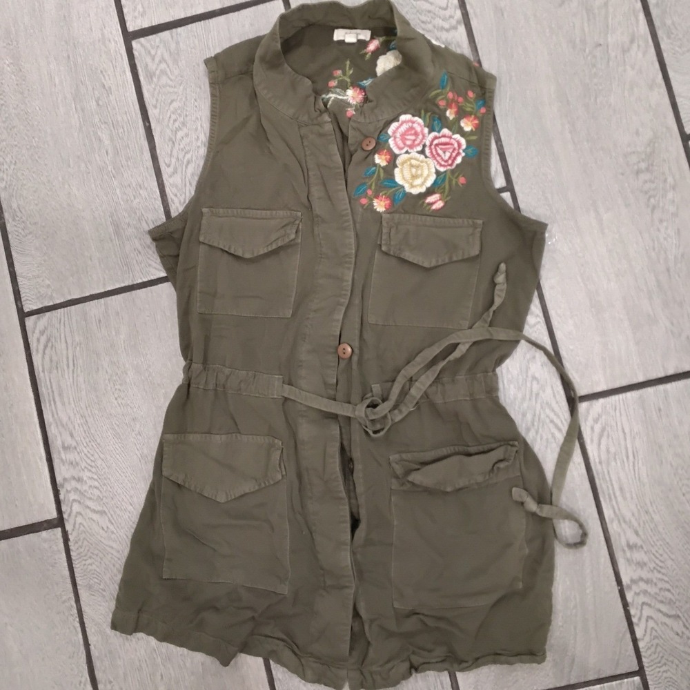Kyla Seo Olive Green Embroidered Utility Vest Womens Medium Floral Rayon Boho-M